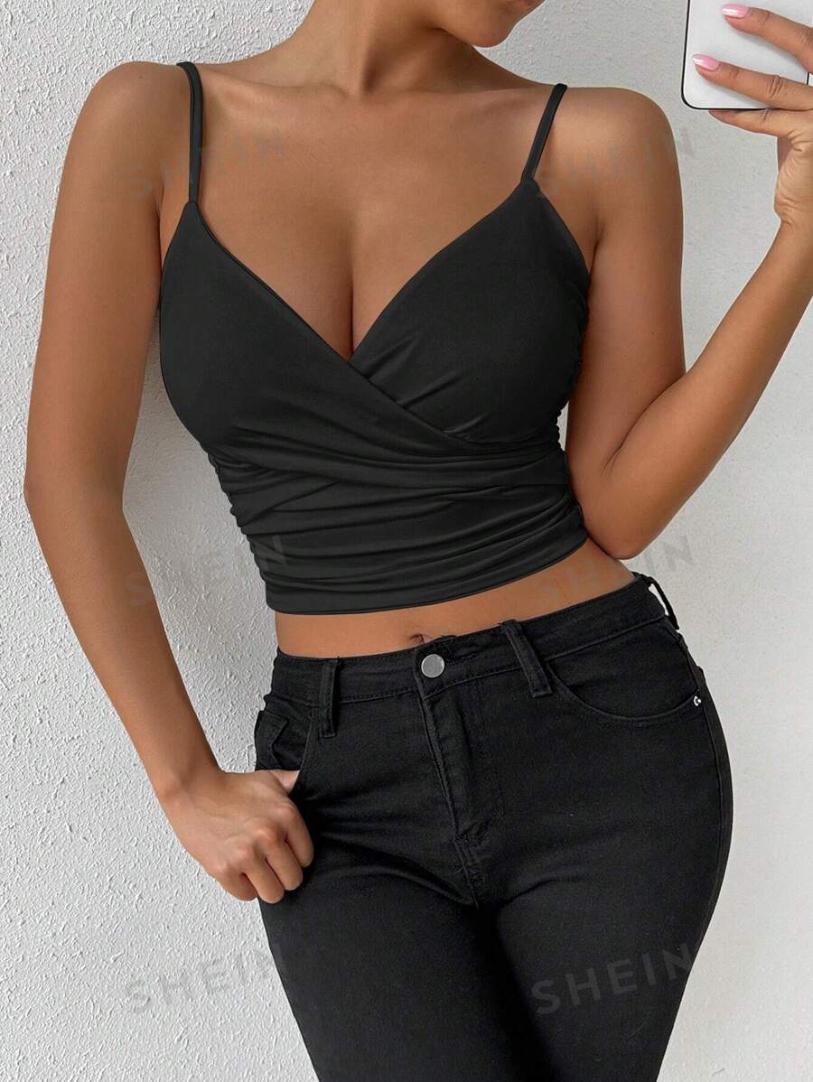 VaVaBold Blusa de tirantes de moda y sensual con pliegues y espalda descubierta cruzada para mujer