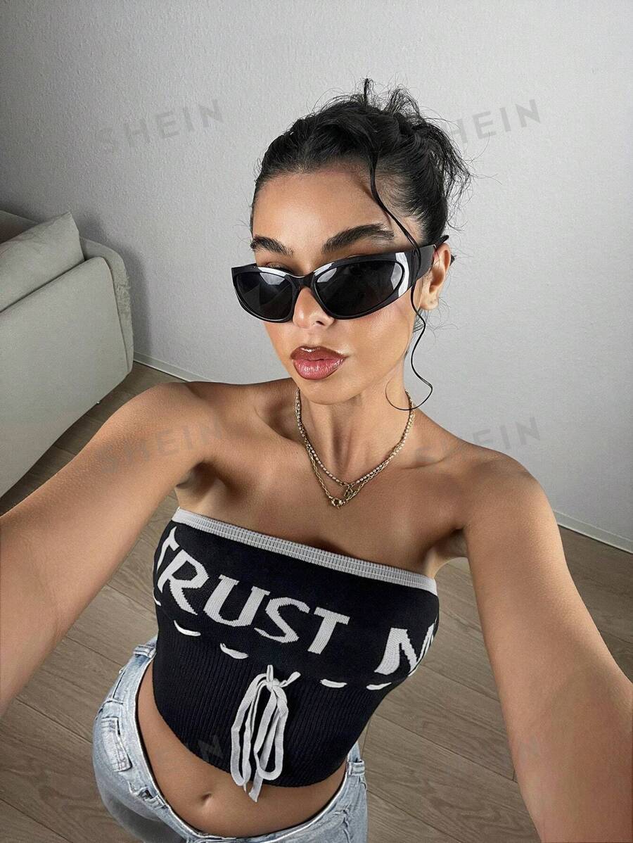 SHEIN EZwear Top de punto de tubo recortado con cordón, bloque de color de moda con patrón de letras para el verano