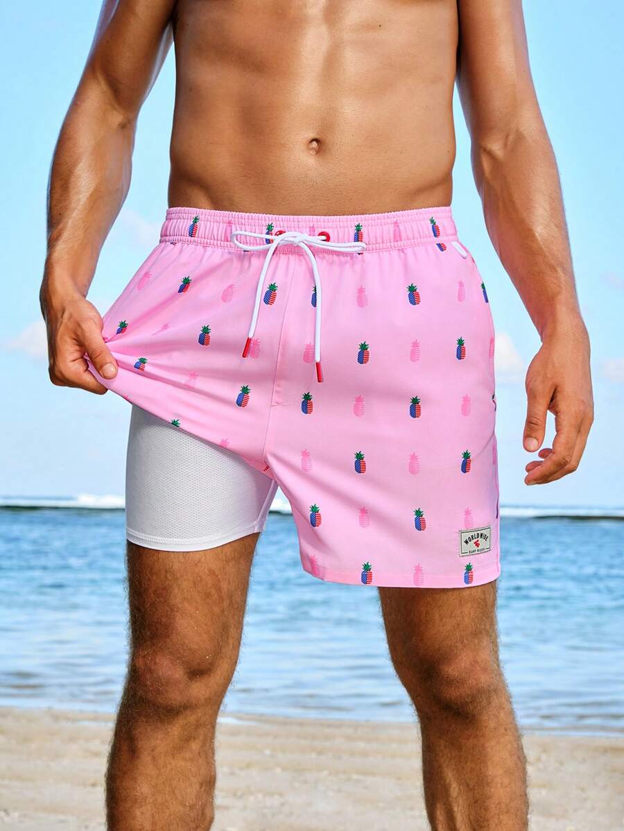 Manfinity Men's Pineapple Print Drawstring Waist Loose Fit Beach Shorts For Vacation