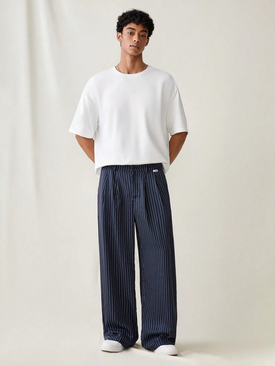 SWAVVY Men's Woven Striped Relaxed Fit Straight Leg Daily Casual Pants, Going Out Plain Long Slacks Pants, For Husband, Boyfriend Gifts