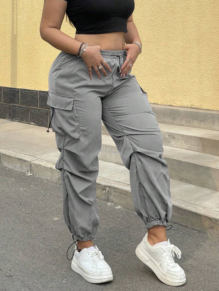POPSWAY Plus Size Casual Solid Color Multi-Pocket Drawstring Trousers Cargo Pants