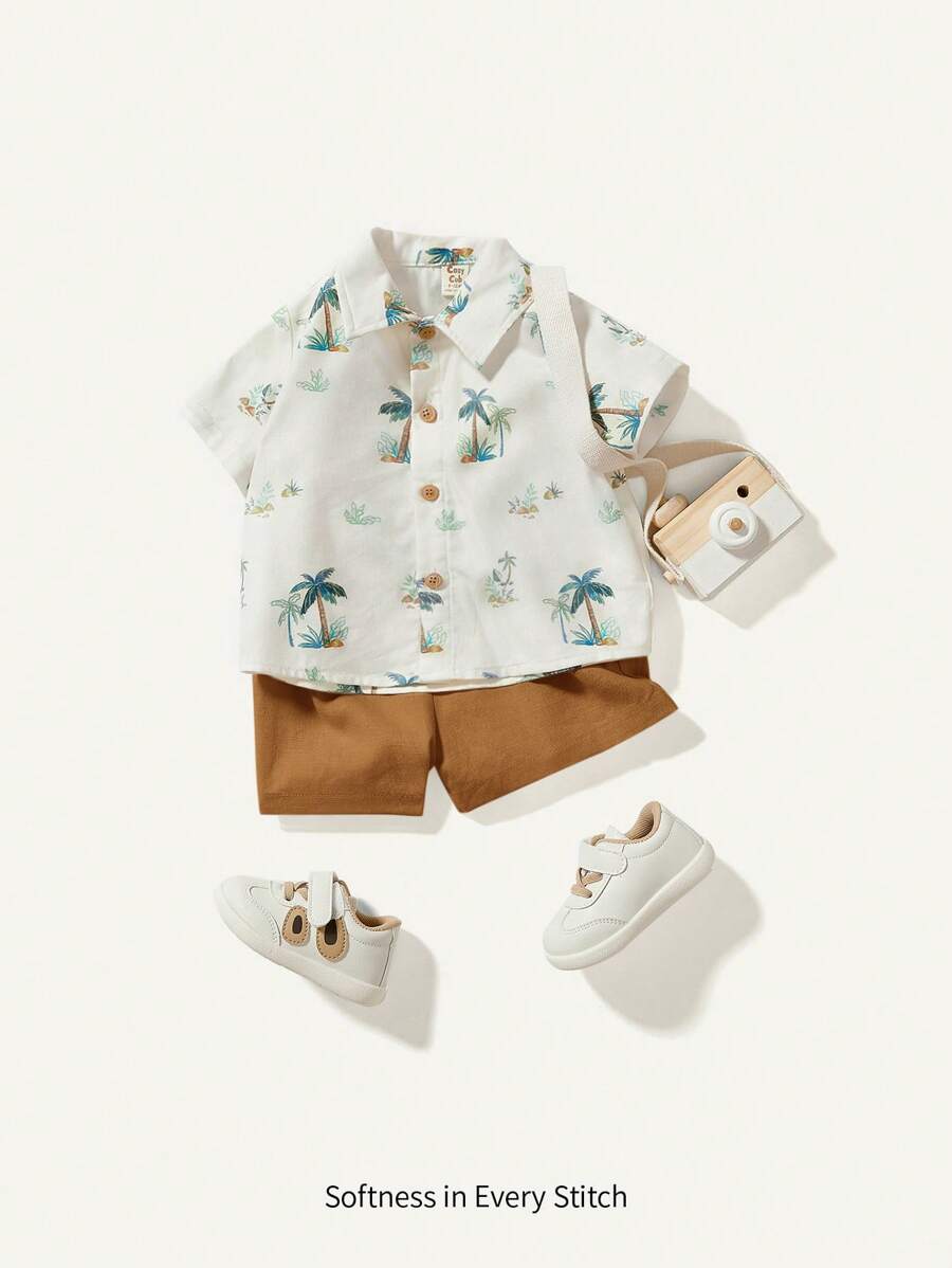 Cozy Pixies Baby Boy Coconut Tree Pattern Short Sleeve Lapel Cardigan Top Solid Color Casual Shorts 2pcs/Set