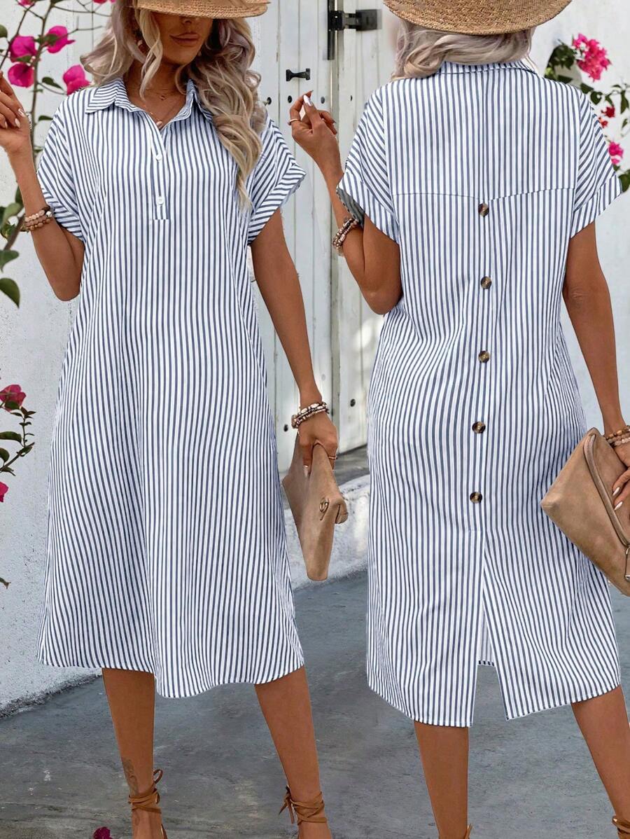 SHEIN LUNE Women's Striped Printed Simple Daily Short Sleeve Dress
