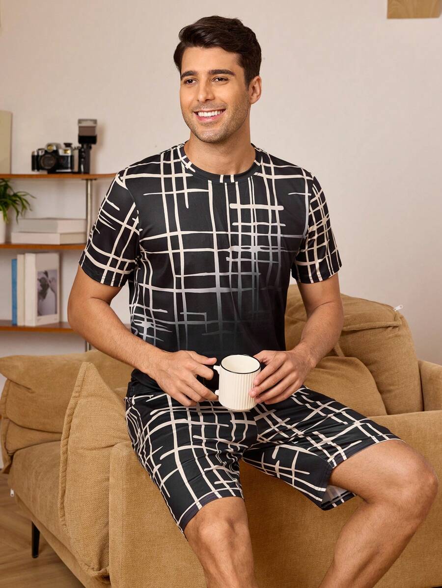 Men Plaid Print Short Sleeve Top & Shorts PJ Set / Pajama Set