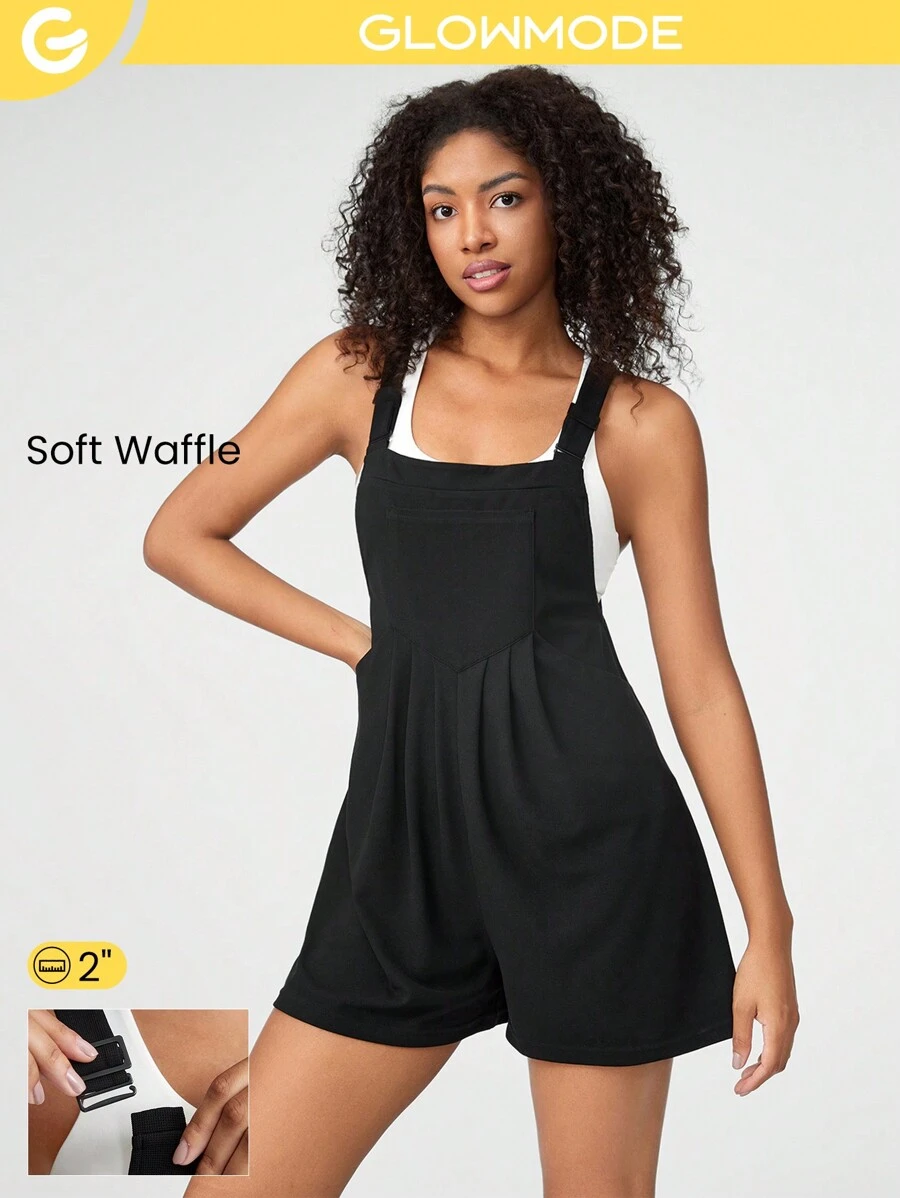 GLOWMODE 3" Waffle-Knit Soft Adjustable Straps Multi Pockets V-Shaped Waistline Short Overalls Daily Casual