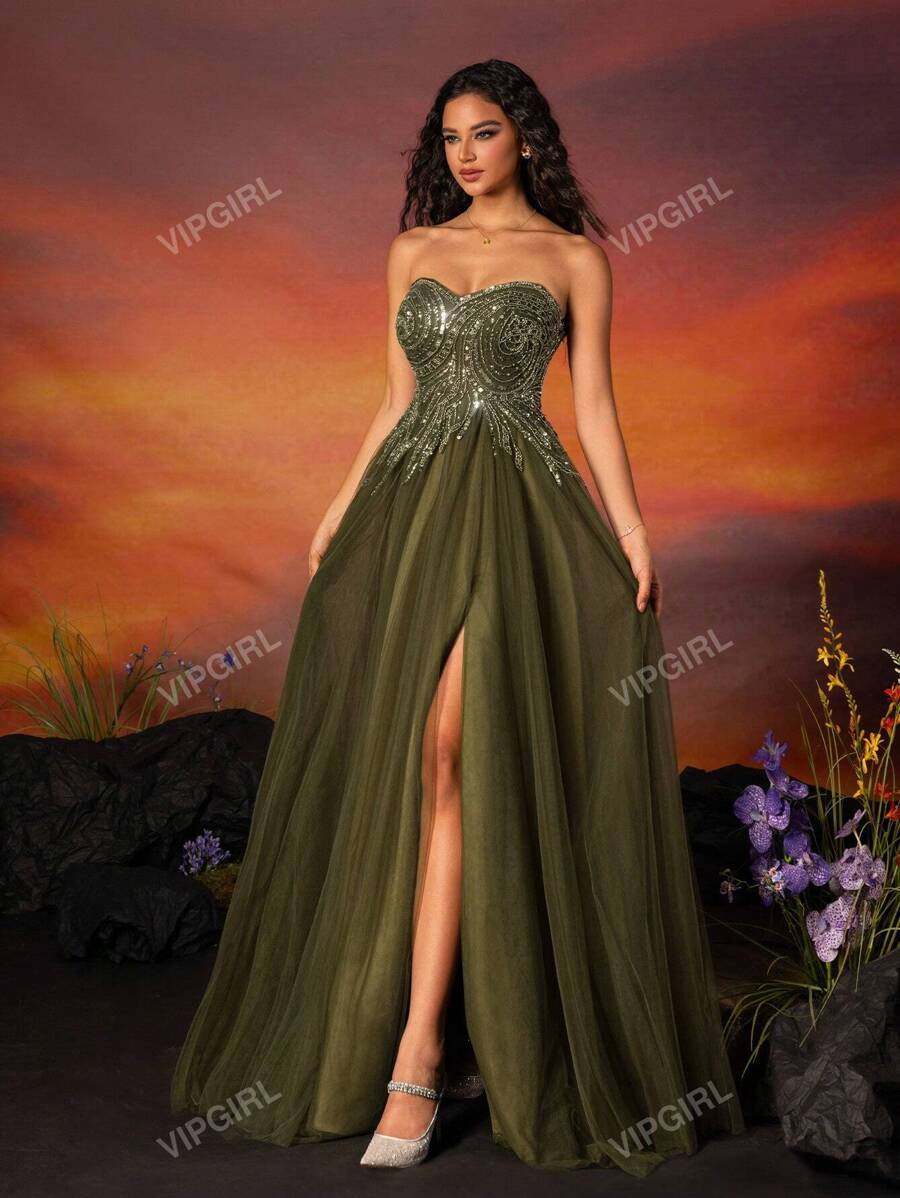 VIPGIRL Robe du soir de luxe Top de gamme brodée à la main avec des perles, une exclusivité élégante. Robe de soirée de mariage pour invités, pour la remise des diplômes, le dîner