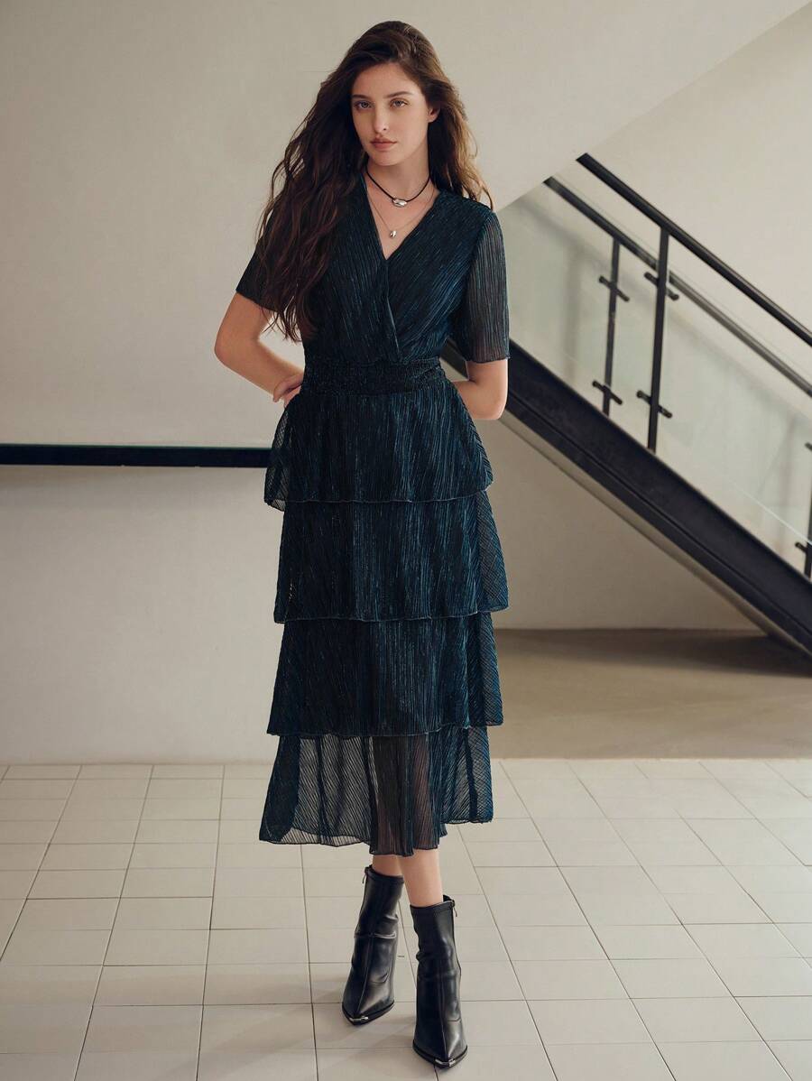 MOTF PREMIUM SOLID SURPLICE NECK LAYERED RUFFLE HEM PLISSE DRESS
