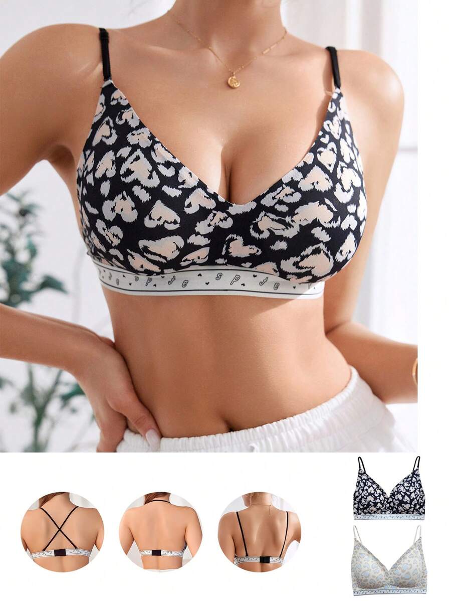 2pcs Women's Printed Bra Set With Spaghetti Strap, Casual & Comfortable, Open Back Design