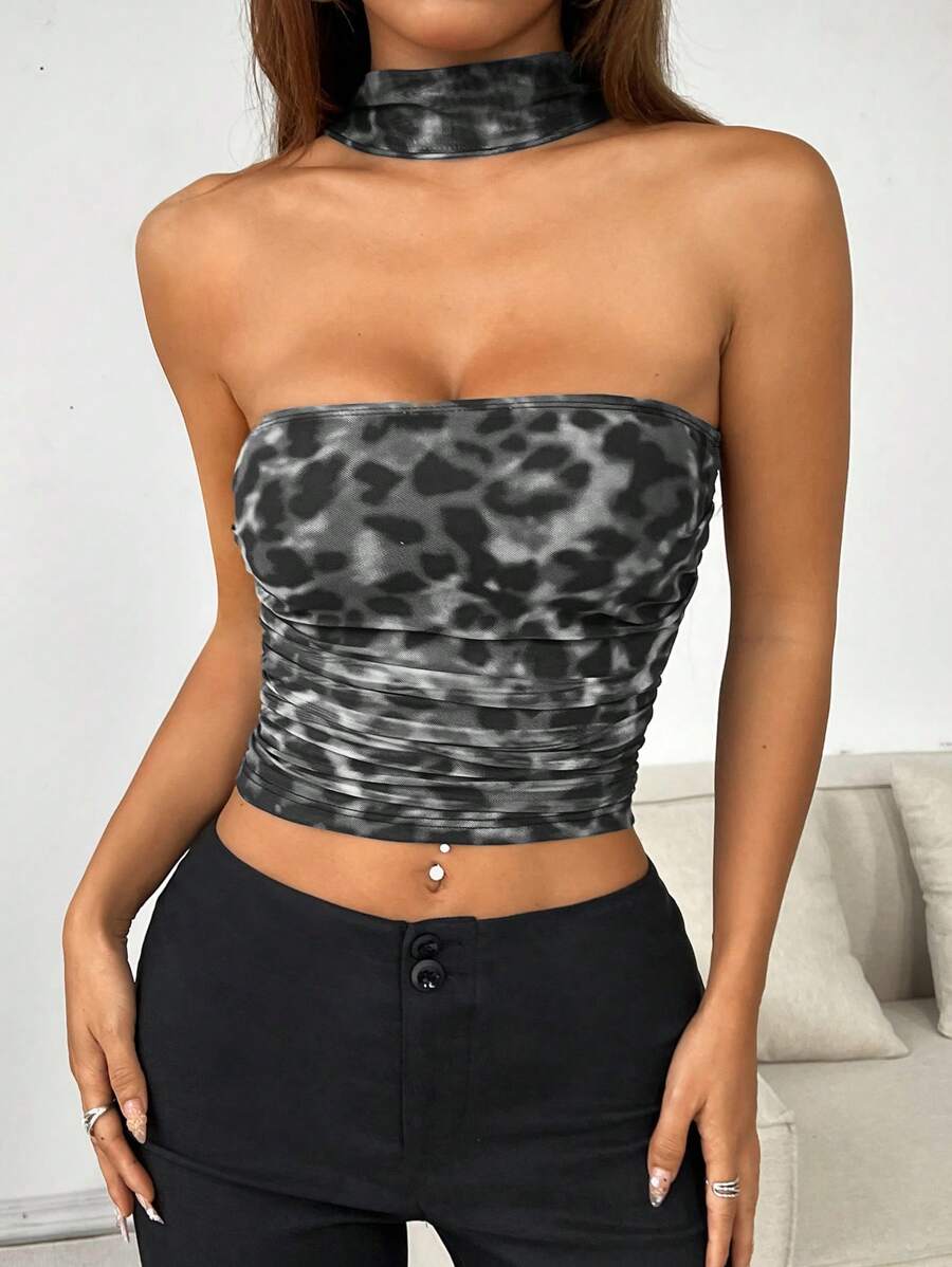 SHEIN EZwear Leopard Print Draped Strapless Ruched Women's Tube Top And Scarf