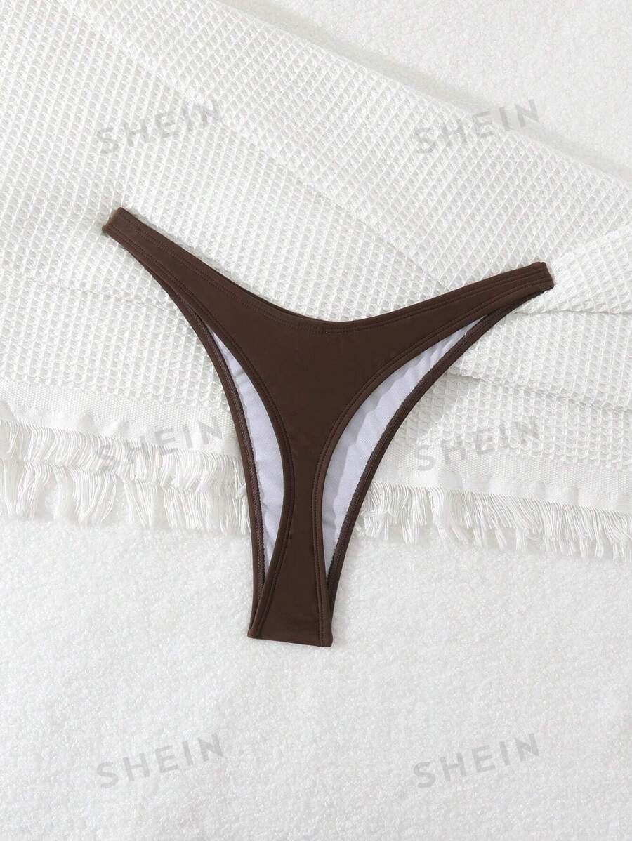 Swim Basics Bottom de bikini de color marrón liso de cintura baja para playa de verano