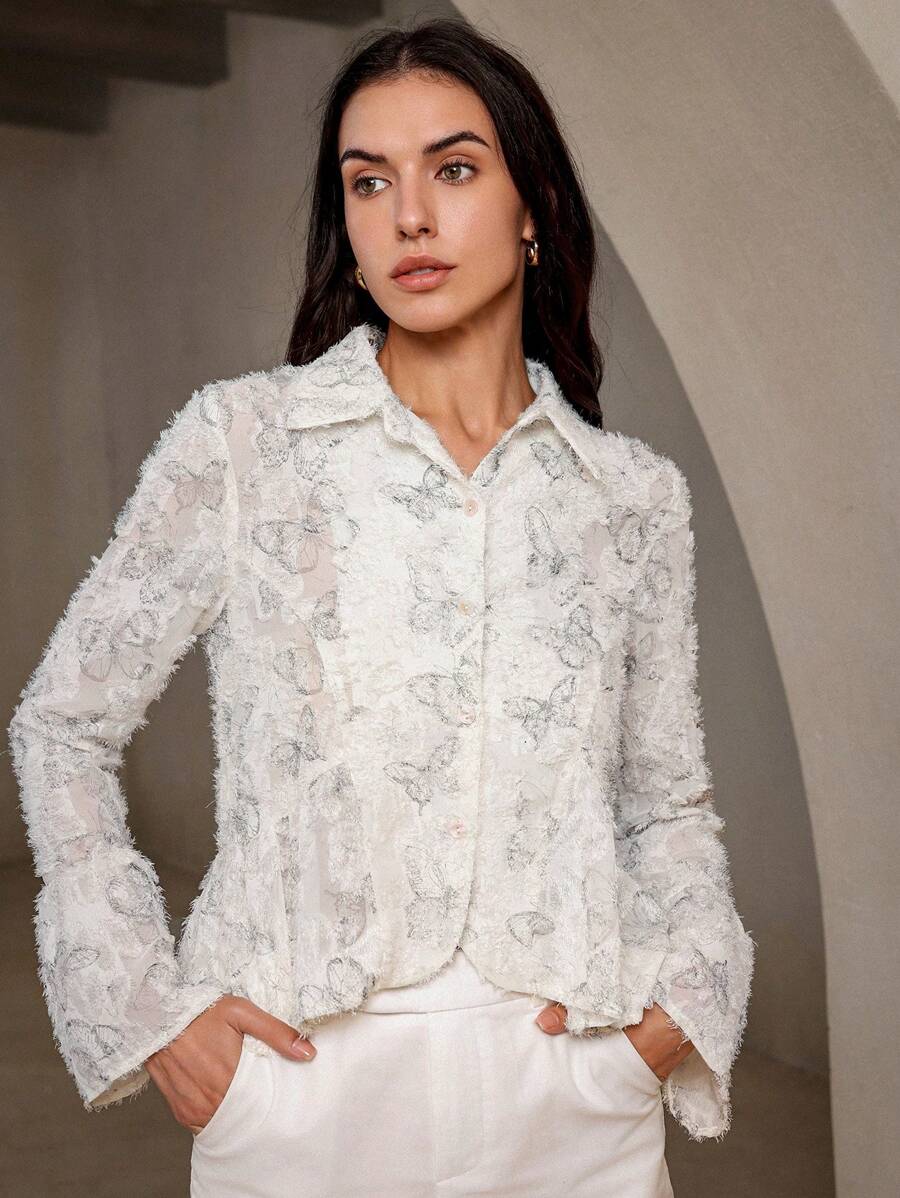 Aveloria French-Style Waist-Cinching Slimming Random Cut Flower Bell Sleeve Shirt With Unique Design