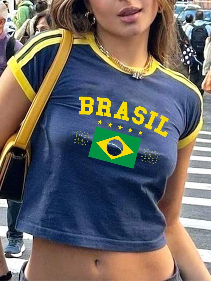 SHEIN EZwear Camiseta casual de mujer con cuello redondo, manga corta ajustada, estampado de bandera de Brasil y letras en inglés, 95% algodón, adecuada para verano y deportes