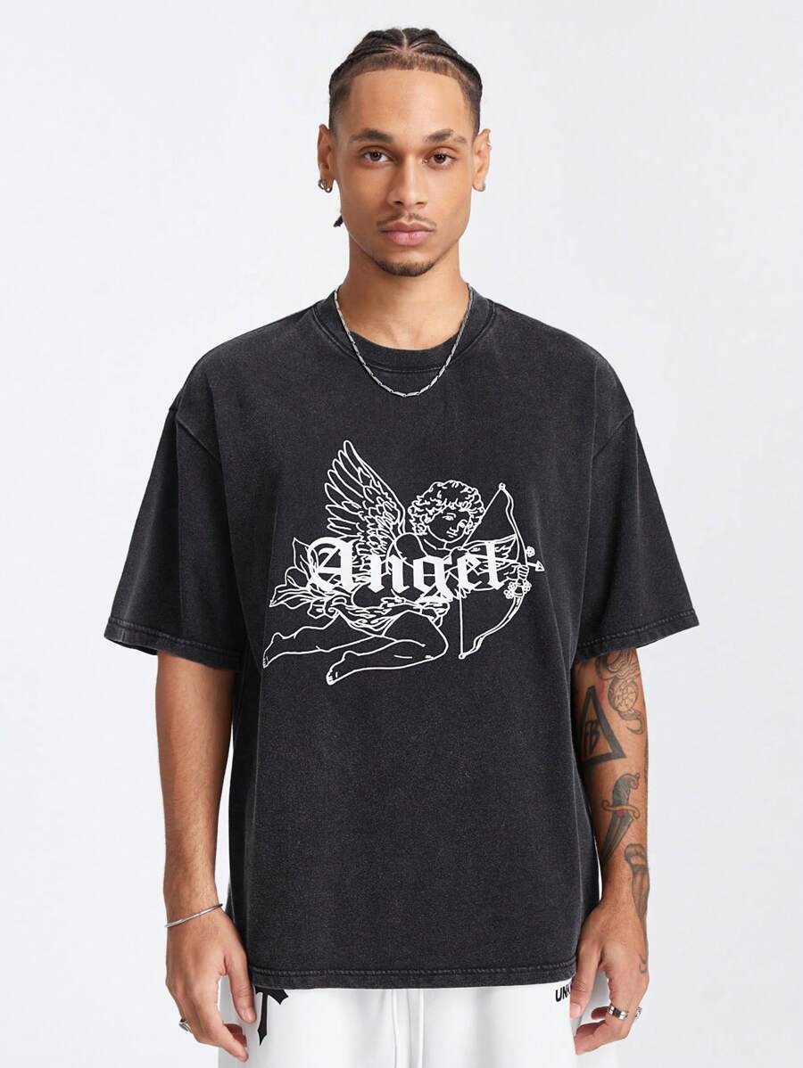 Manfinity VCAY Playera de manga corta con estampado de copos de nieve para hombre con letras en inglés y diseño de ángel pequeño, ajuste holgado, adecuada para el verano