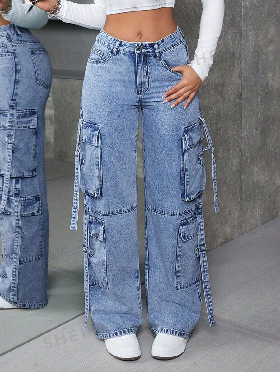 SHEIN ICON Jeans de pierna recta y estilo de ropa de trabajo lavado para uso casual