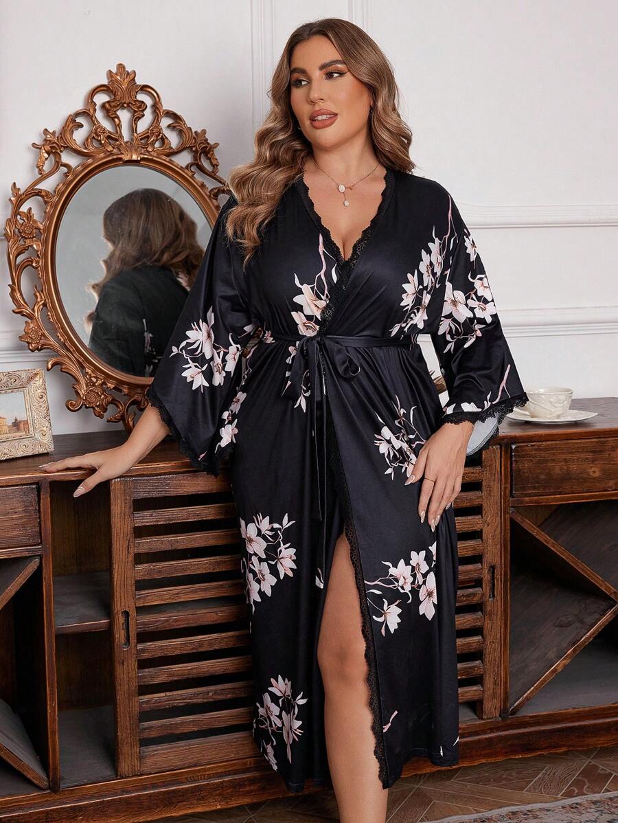 Bata estampada con decoración de encaje para mujer de talla grande, ideal para vacaciones