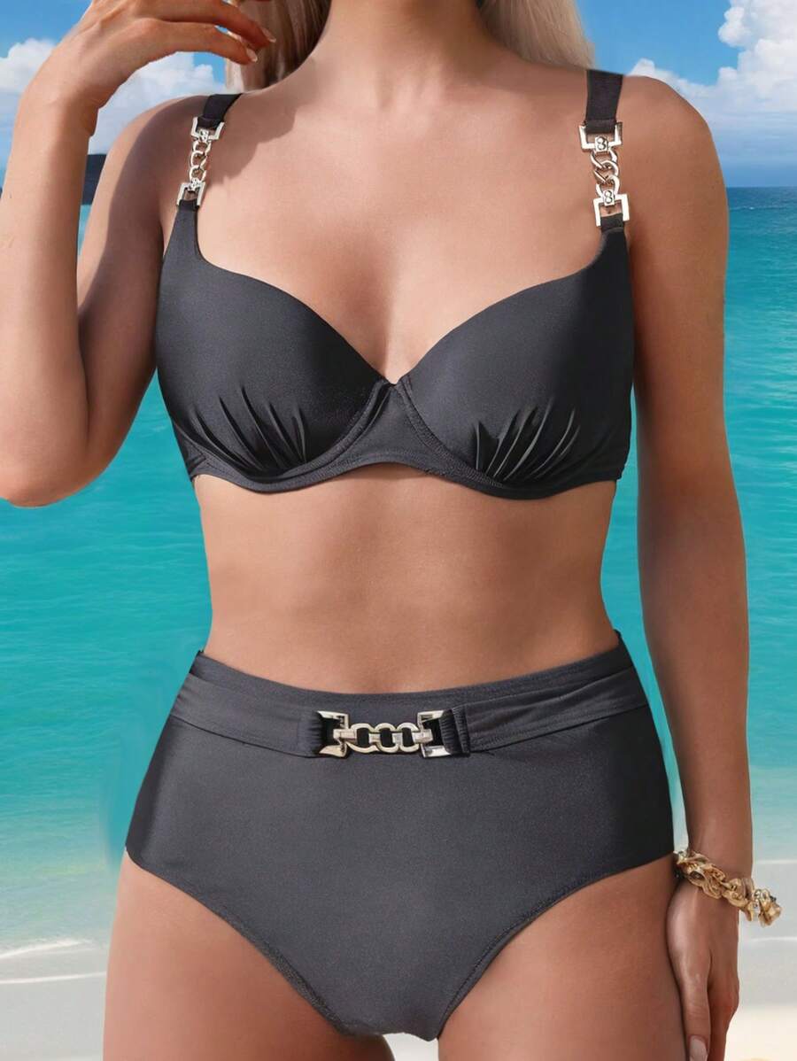 Swim Lushoire Women's Solid Color Pleated Sexy Bikini Set For Summer Beach, With PUSH UP And Underwire