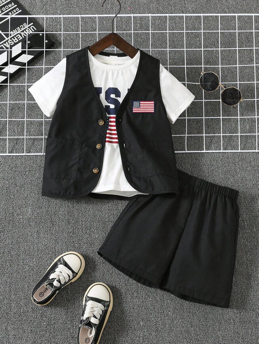 Kids Summer Outfits - 3pcs Young Boy Comfortable & Casual Style American Independence Day Flag Printed T-Shirt, Flag Patch Vest And Shorts Set