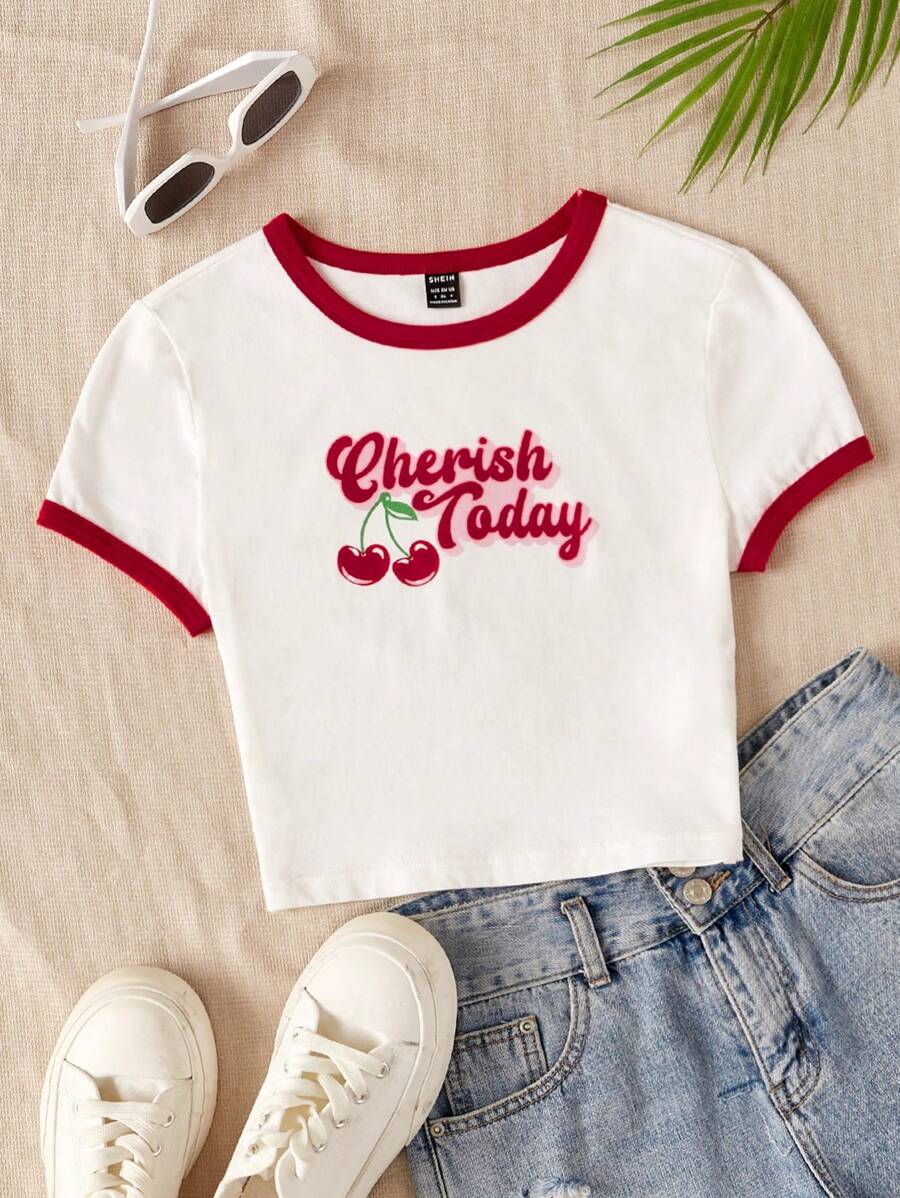 SHEIN EZwear Cherry & Letter Graphic Contrast Binding Crop Tee