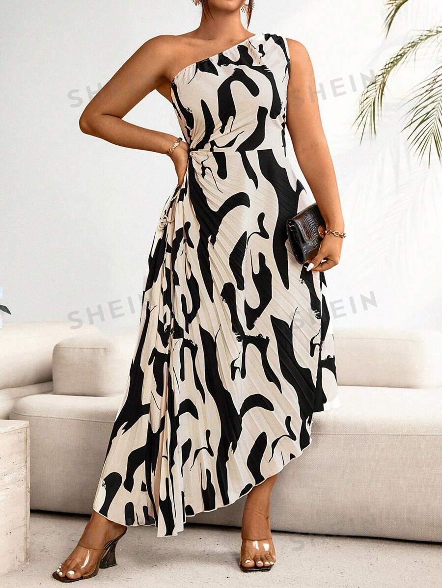 Celure Vestido de verano estampado informal con pliegues y hombros oblicuos para mujer de talla grande