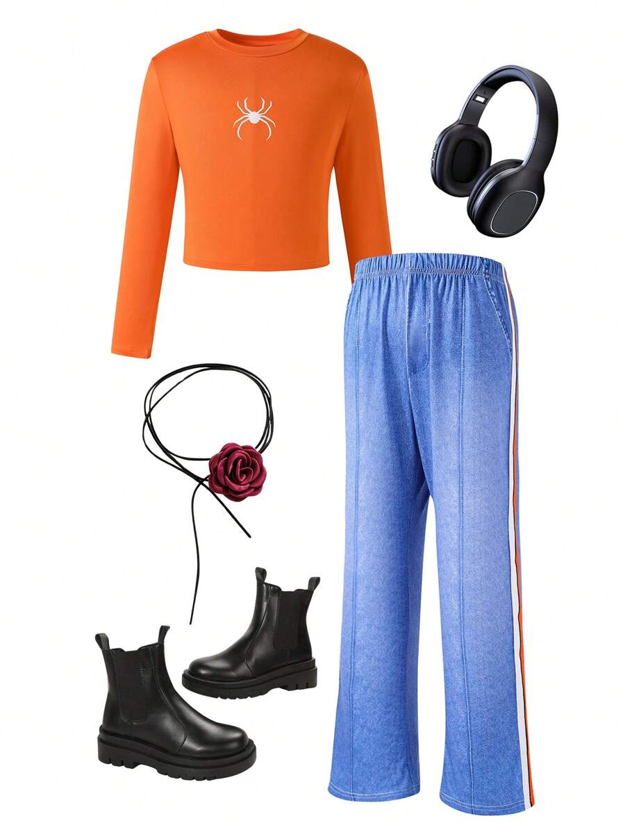 Tween-Mädchen Langärmliges T-Shirt mit Spinnen Print und Jeanshose mit gewebten Flicken, 2 tlg./Set