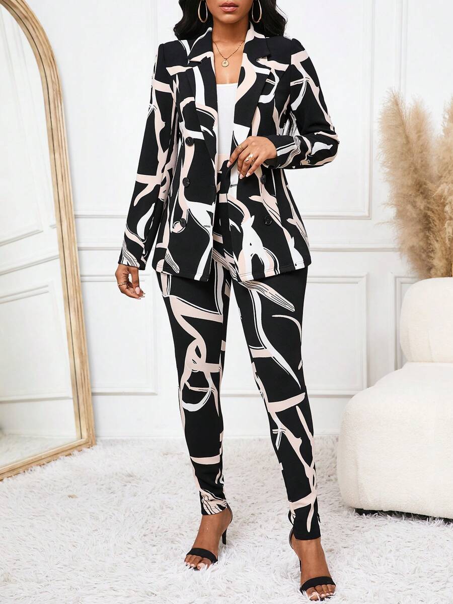 SHEIN Lady Women's Abstract Stripe Print Long Sleeve Blazer And Trousers Suit Set, Going Out Outfits Black And White Teacher Clothes Women Vintage Clothes