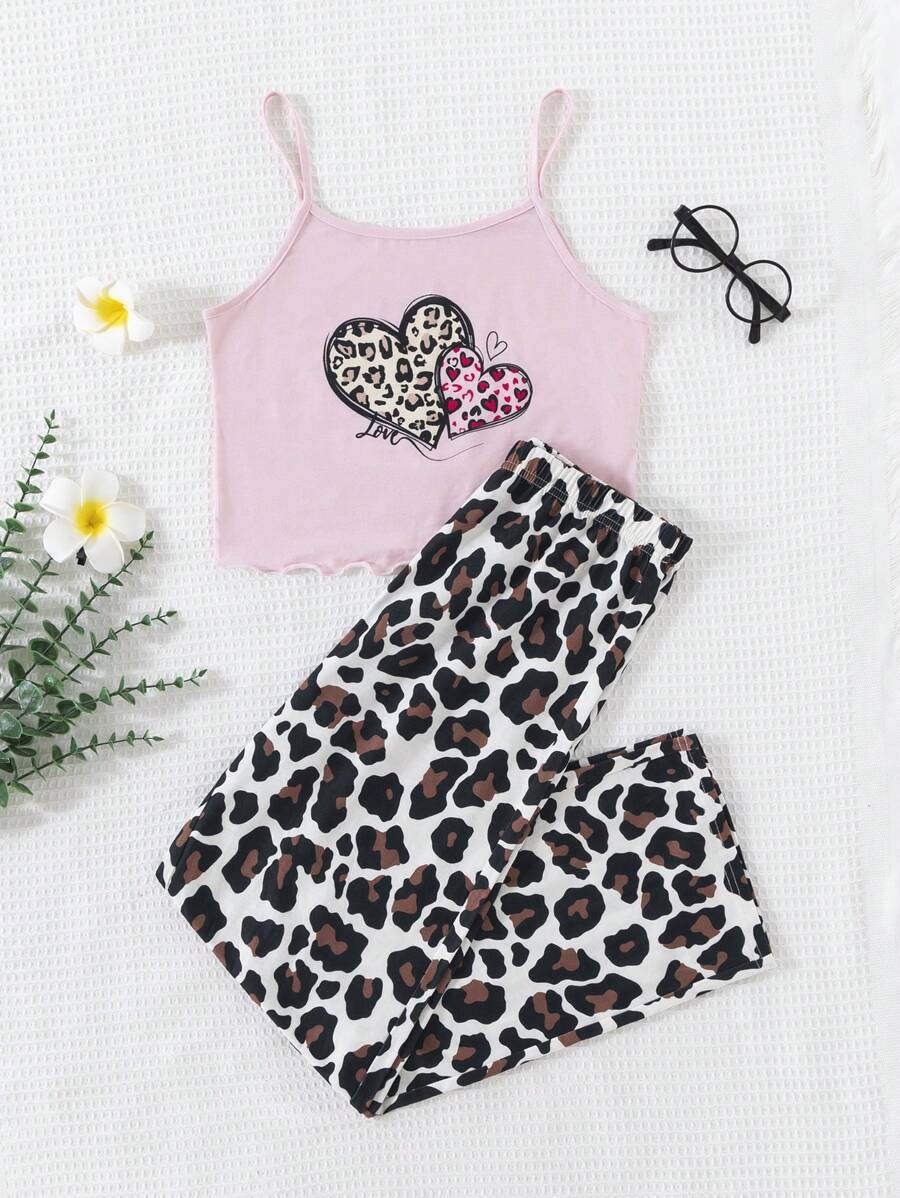 SHEIN Conjunto casual de verano de 3 piezas para adolescente: camisola estampada con corazones y leopardo, pantalones rectos y ropa de dormir ignífuga