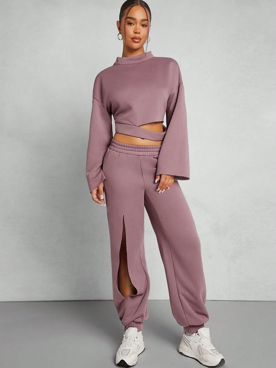 Denimoi Cut Out Sweatshirt & Jogger Pants Two Pieces Set