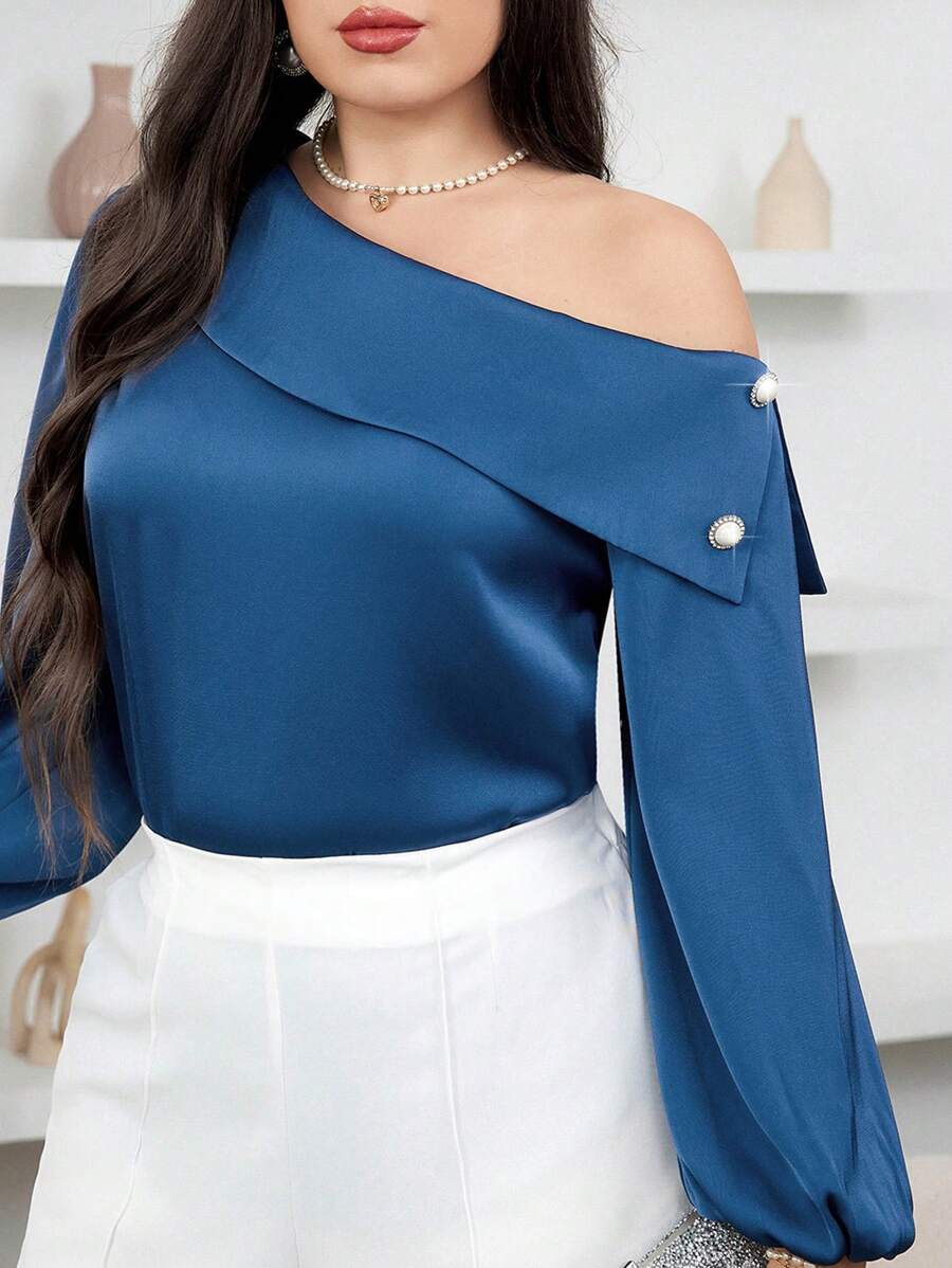 Modelyn Plain Color Simple Style Daily Plus Size Women's Asymmetrical Neck Long Sleeve Shirt