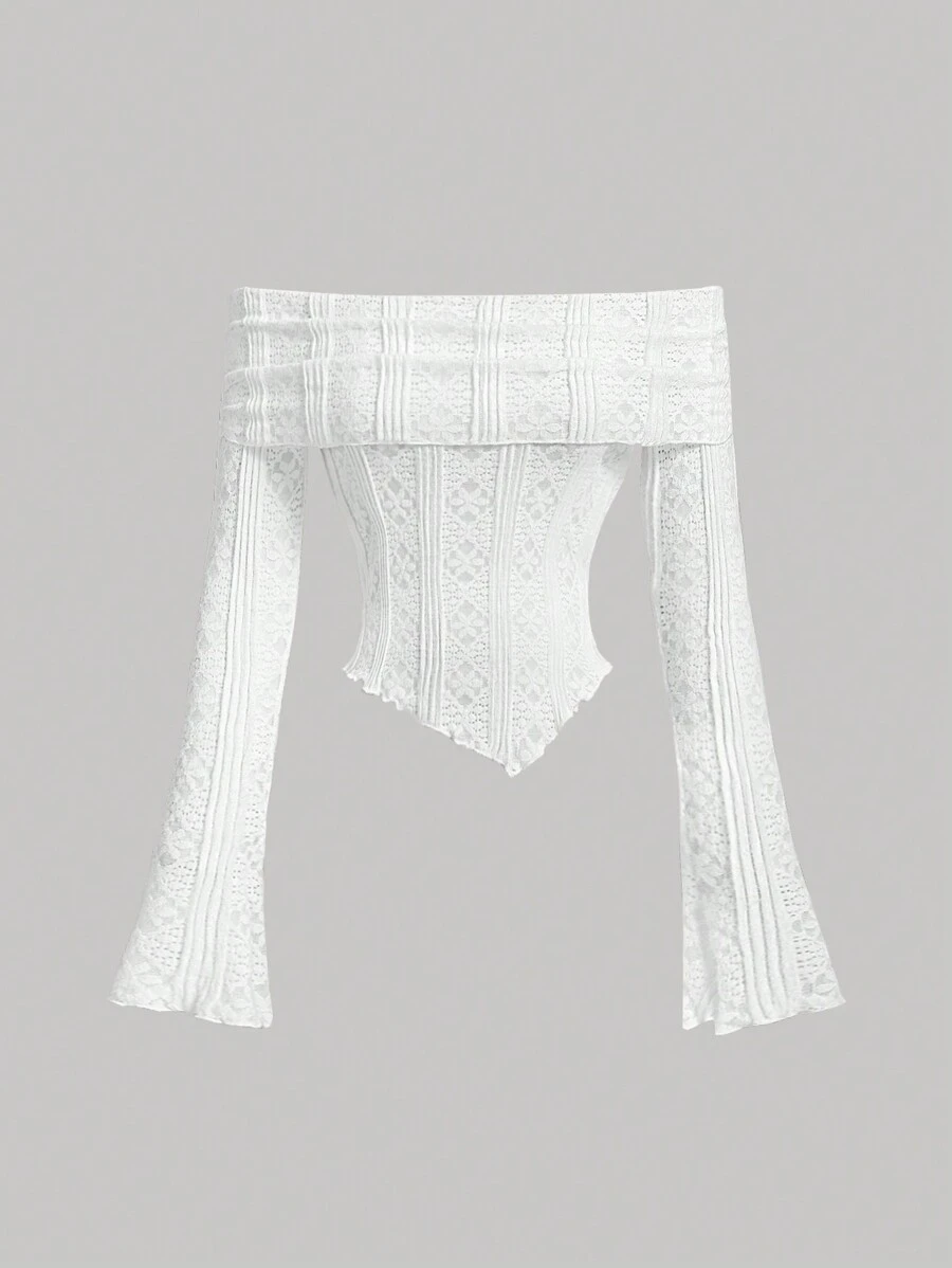 SHEIN MOD Camiseta de manga campana y hombros descubiertos de jacquard elegante, camiseta blanca, ropa vintage para mujer, camiseta de otoño, conjunto de vuelta al colegio, blusa de campo, blusa con hombros descubiertos, camiseta de mujer