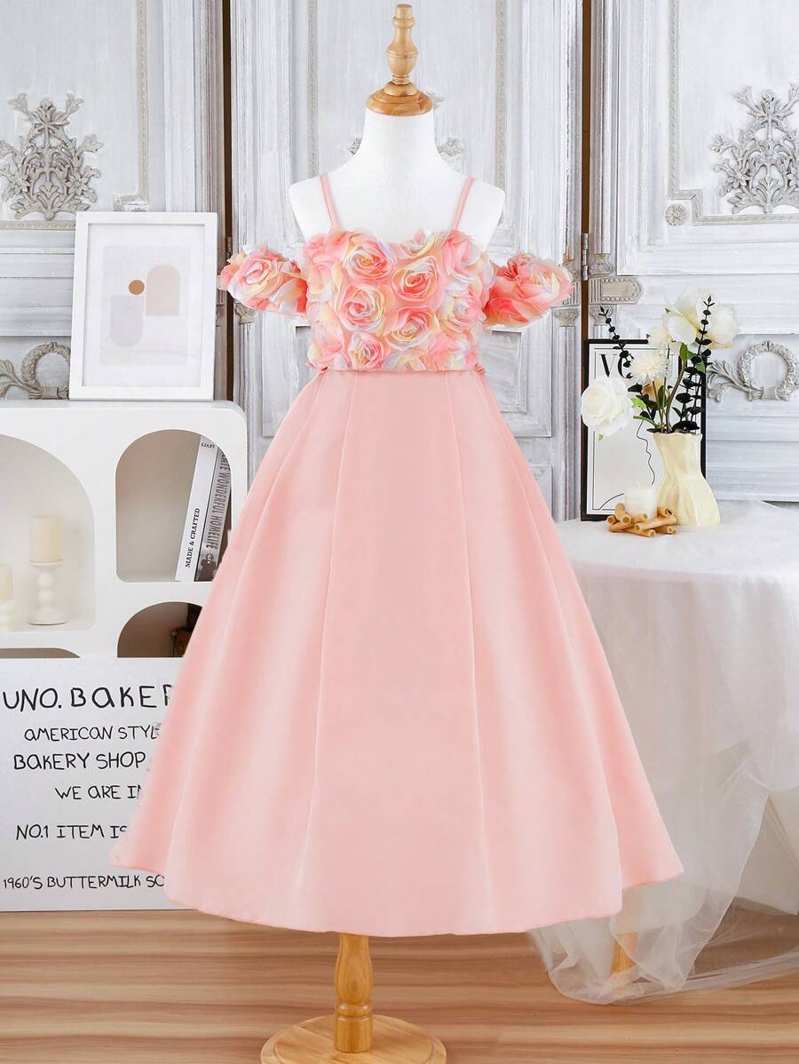 Girls' (Big) Colorful 3D Flower Rose Sleeveless Top And Midi Skirt Set