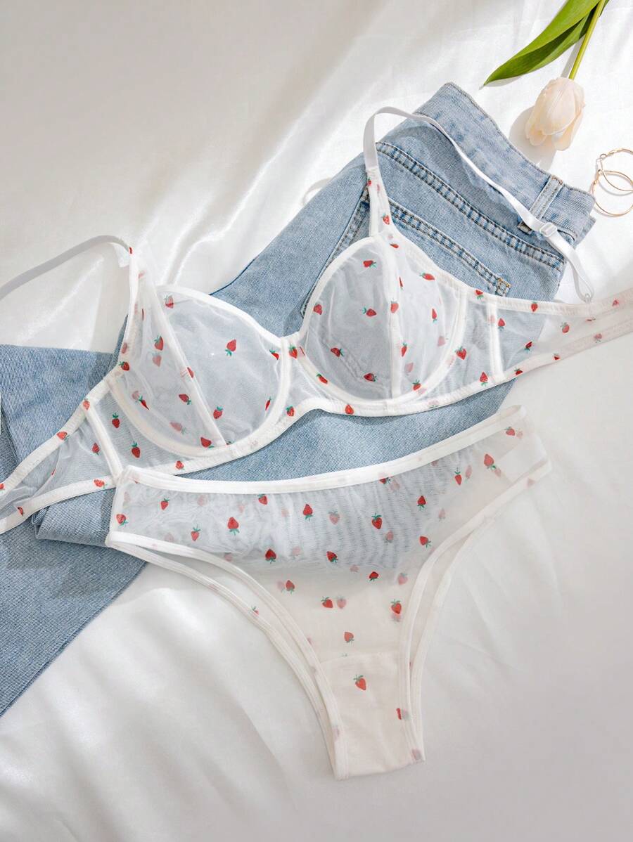 Eraneu Women's Mesh Strawberry Print Breathable Underwire Sexy Bra And Triangle Panties (Sexy Underwear Set) Cute Women Sexy Underwear Set, Sexy Lingerie