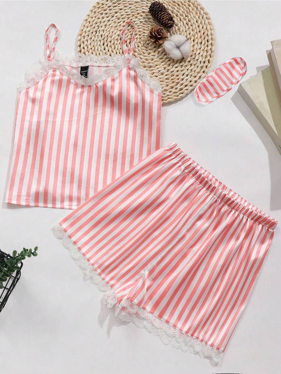 Conjunto de 3 Camisola de alças em renda listrada Colorblock com shorts e máscara para os olhos, roupa de casa para adolescentes