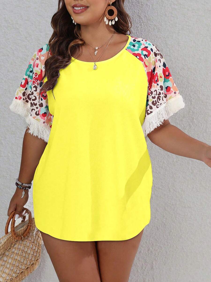 Breezaya Plus Size Solid Color Patchwork Fringe Short Sleeve T-Shirt, Casual & Vacation