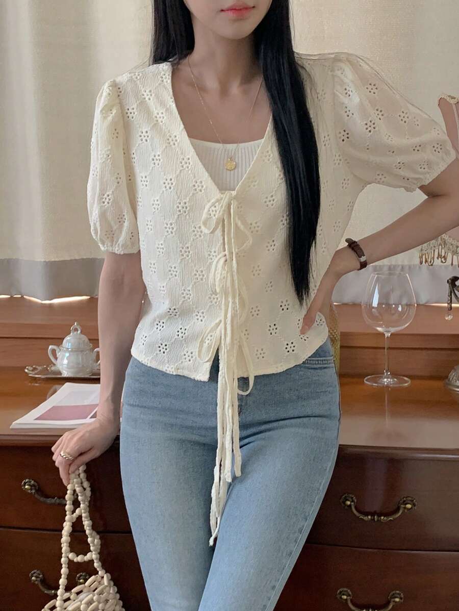 DAZY Women's Solid Color Simple Daily Short Sleeve Tie Knot T-Shirt