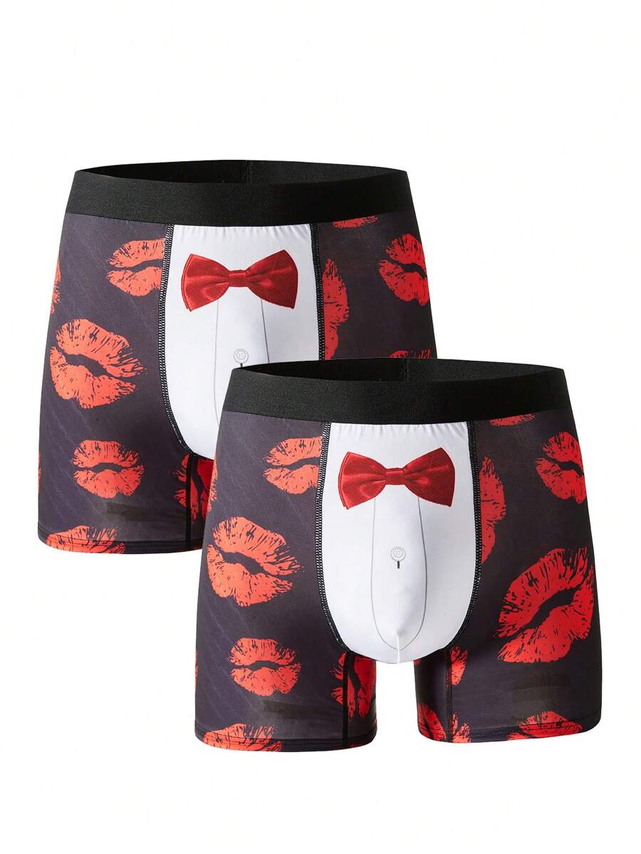 Sous-vêtements de coupe carrée pour homme imprimés à motifs lèvres et nœuds papillon bloc de couleurs (2 pièces dans un pack)