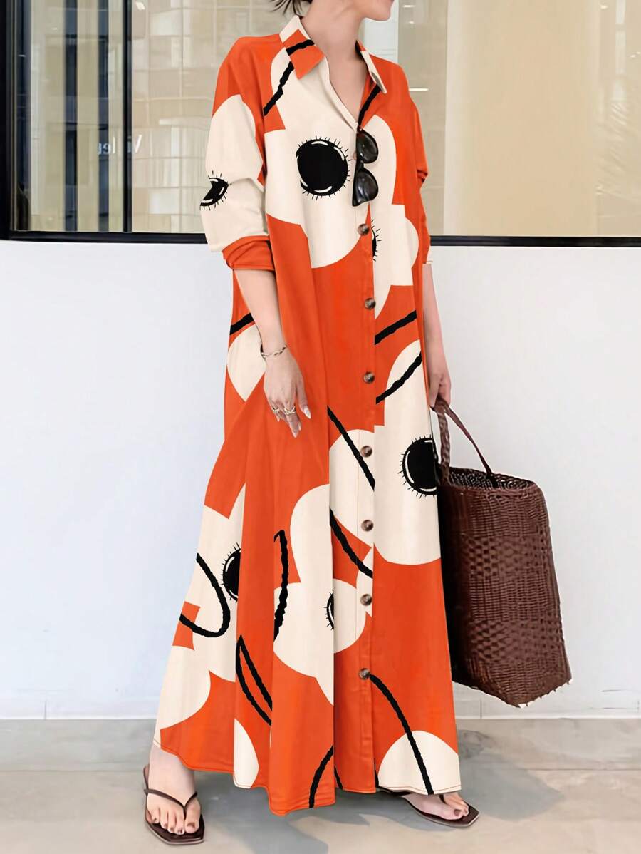 EMERY ROSE Women's Holiday Casual Random Printed Button-Down Shirt Dress Maxi Women Outfit