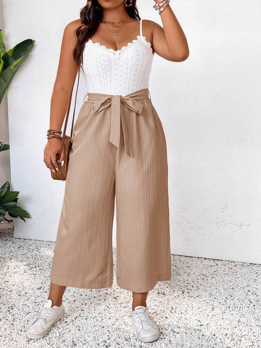 SHEIN Frenchy Summer Lace Patchwork Color Clash Texture Fabric Belted Plus Size Jumpsuit