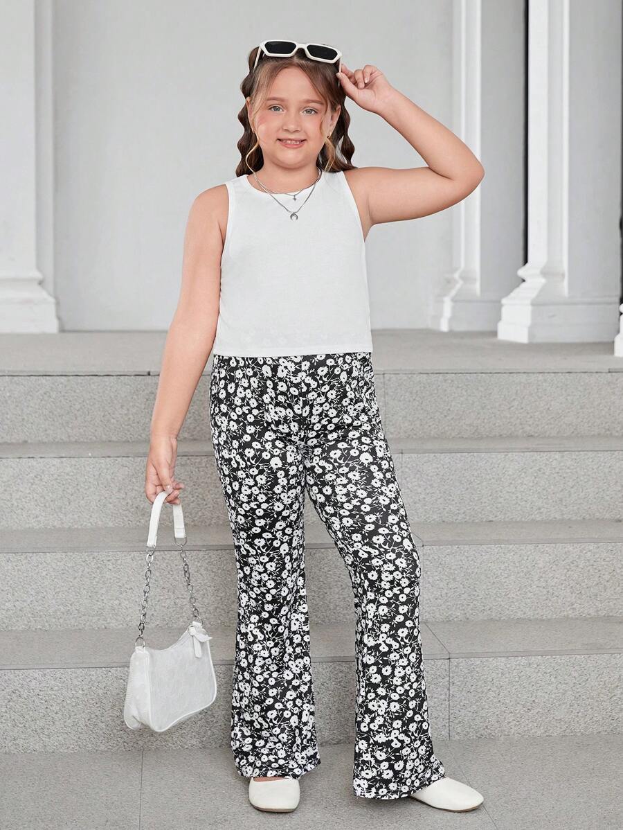 SHEIN Tween Girls Extended Size 2pcs Casual Floral Pattern Sleeveless Round Neck Sweatshirt And Flared Pants Set