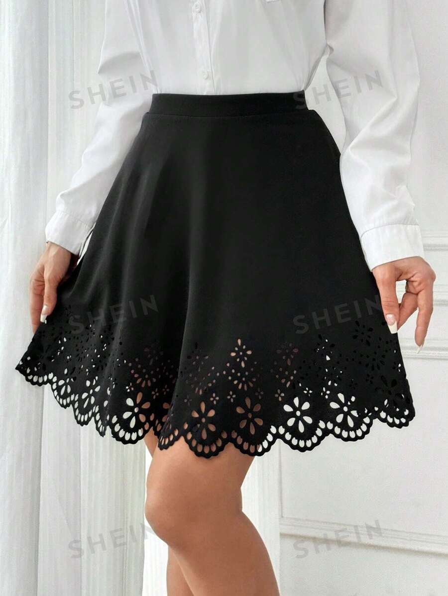 SHEIN Privé Falda sólida con cintura alta y corte de borde festoneado