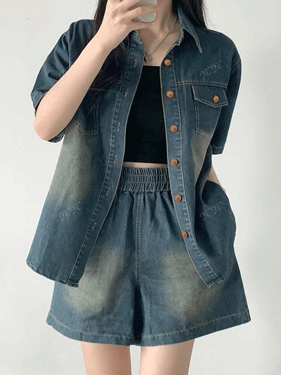 2025 Summer Casual & Versatile Solid Color Gyaru Fashion Denim Set