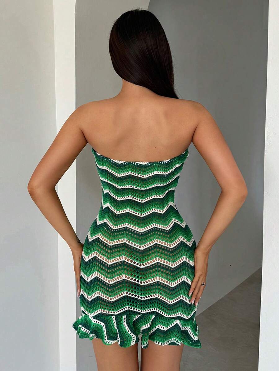 SHEIN SXY Green Crocheted Mini Tube Dress Beach Vacation Women Clothes Boho Women Clothing