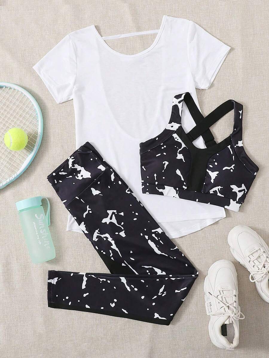 SHEIN Sport Studio 3pcs Graphic Print Sports Set Workout Setwomen Workout Set Women Leggings Set