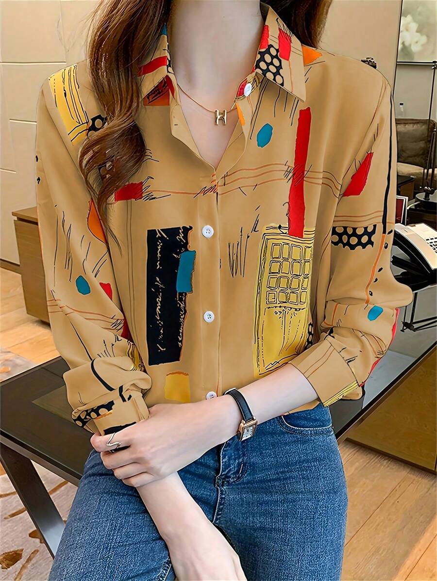 SHEIN LUNE Camisa holgada casual de mujer con mangas largas y estampado de lunares para primavera/verano (impresión aleatoria)