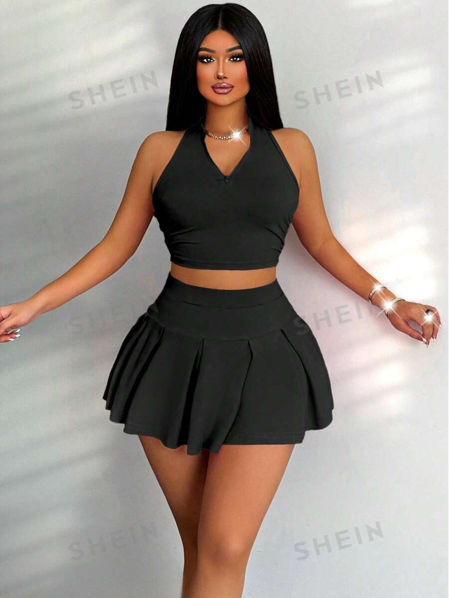 Zolique Conjunto de top de tanque con cremallera de media parte delantera de unicolor y falda corta plisada de unicolor, estilo académico sexy y juguetón