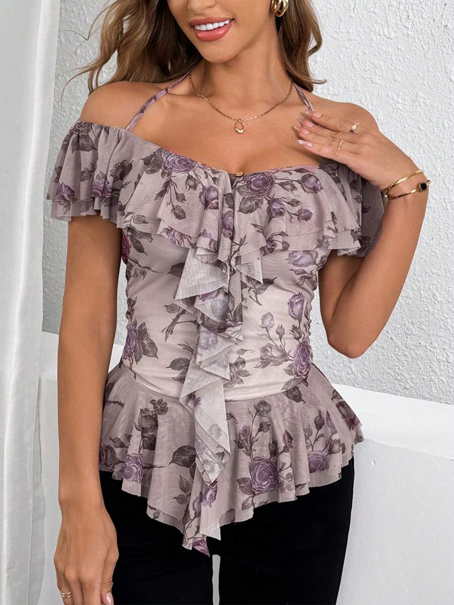 SHEIN Privé Parte superior con volantes y aberturas en los hombros, estampado floral, tirantes con lazo, bajo asimétrico elegante para mujer en verano