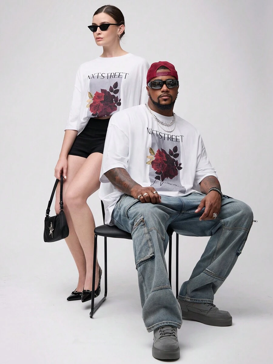 Manfinity VCAY Camiseta holgada de punto para hombre con patrón de rosa tejido en tamaño grande, ideal para llevar en verano y para el día a día