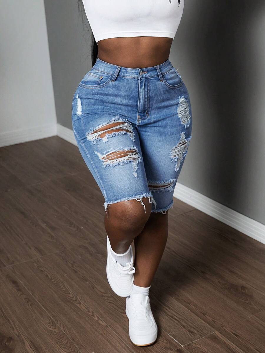 SHEIN Slayr Ripped Raw Hem Denim Shorts For Dailywear