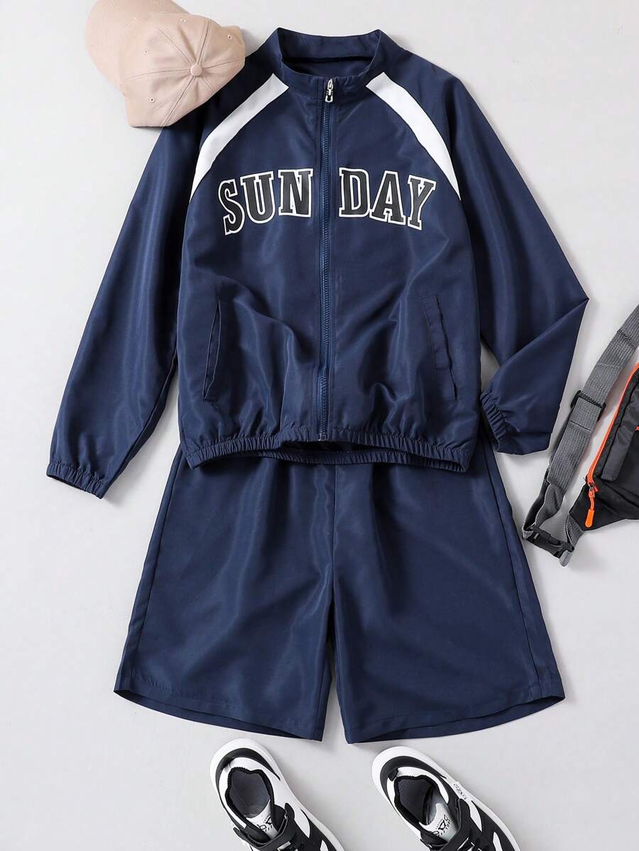 SHEIN Teen Boy Spring/Summer Letter Print Long Sleeve Zipper Jacket And Shorts Casual Outfit