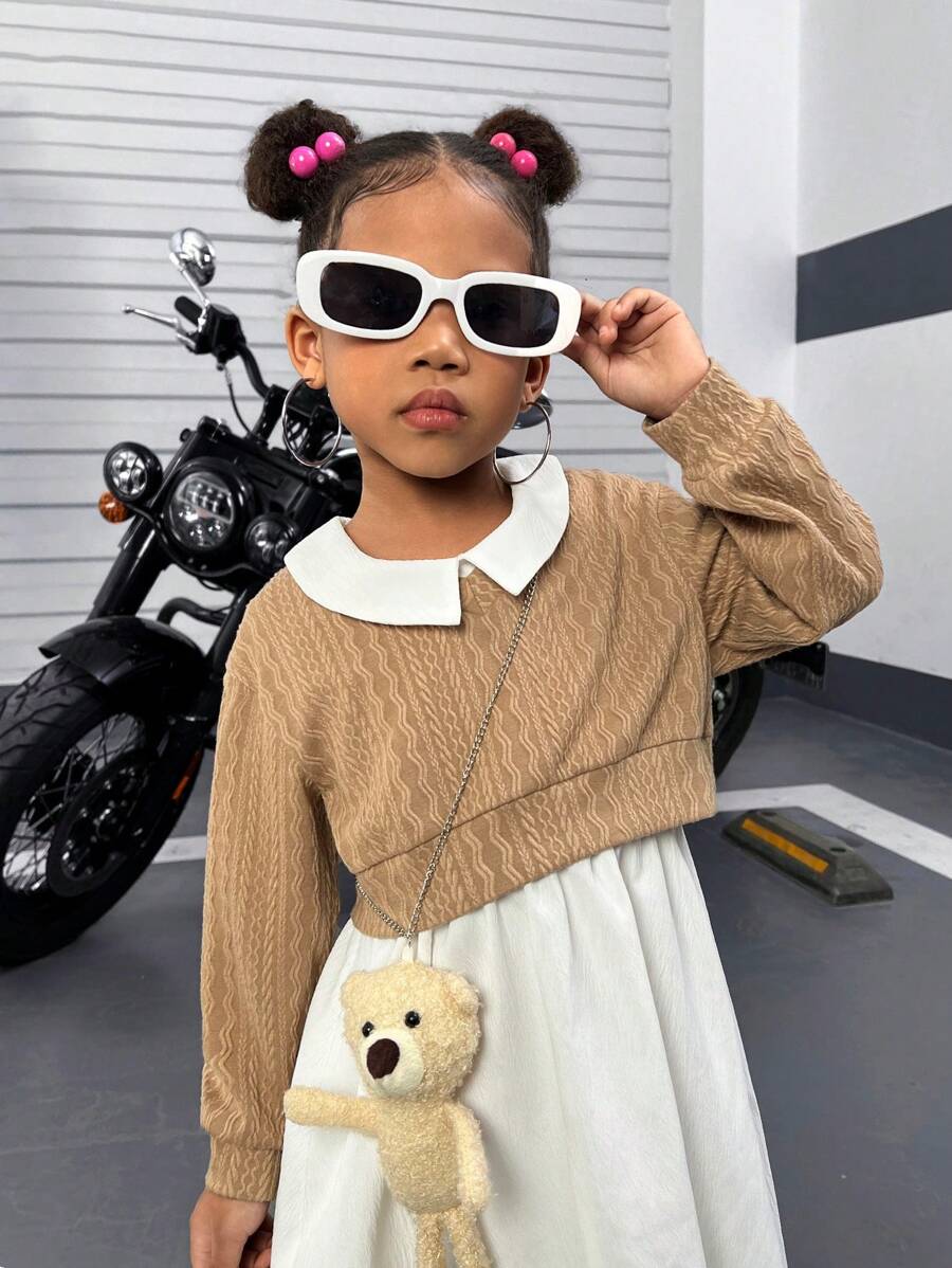 SHEIN Girls Spring And Autumn Two-Piece Casual Simple Knitted Jacquard Moon Bay Fabric Solid Color Long Sleeve V-Neck Top T-Shirt + Woven White Lapel Collar Tank Dress Elegant Princess Dress A-Swing Skirt