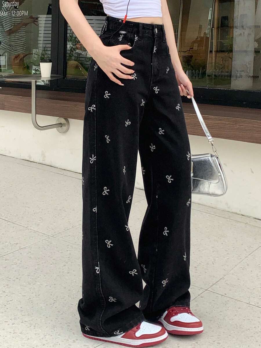 DAZY Bow Print Zipper Fly Wide Leg Jeans